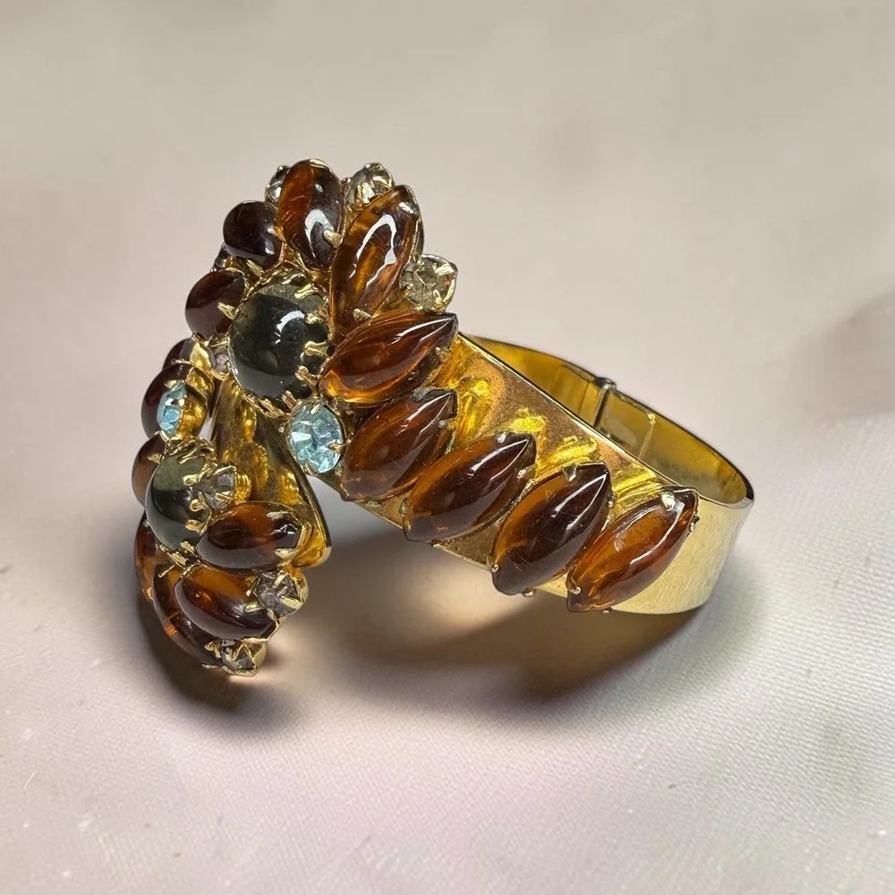 Vintage Alice Caviness Gold Tone Bypass Clamper Bracelet Marquise Rhinestones